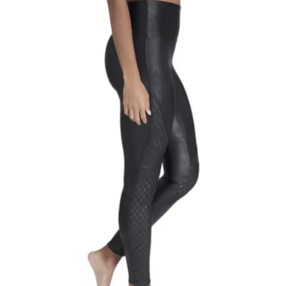 Spanx Quilted Faux Leather Shiny Moto Leggings Women's Size Large Black - Picture 1 of 13